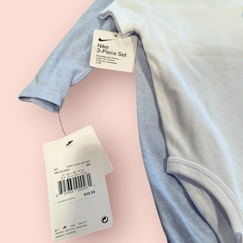 NWT Nike Light Blue Baby One-Piece Set Long & Short Sleeve Bodysuit & Pants 9M - Picture 6 of 8